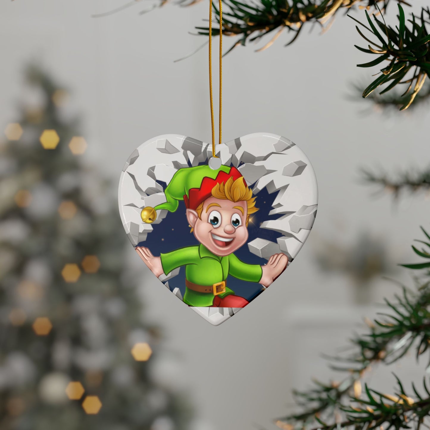 Cute Cartoon Elf Breaking Through Ice Ceramic Ornament, Ceramic Ornaments, 2-Side Print, (1pc, 3pcs, 5pcs, 10pcs)