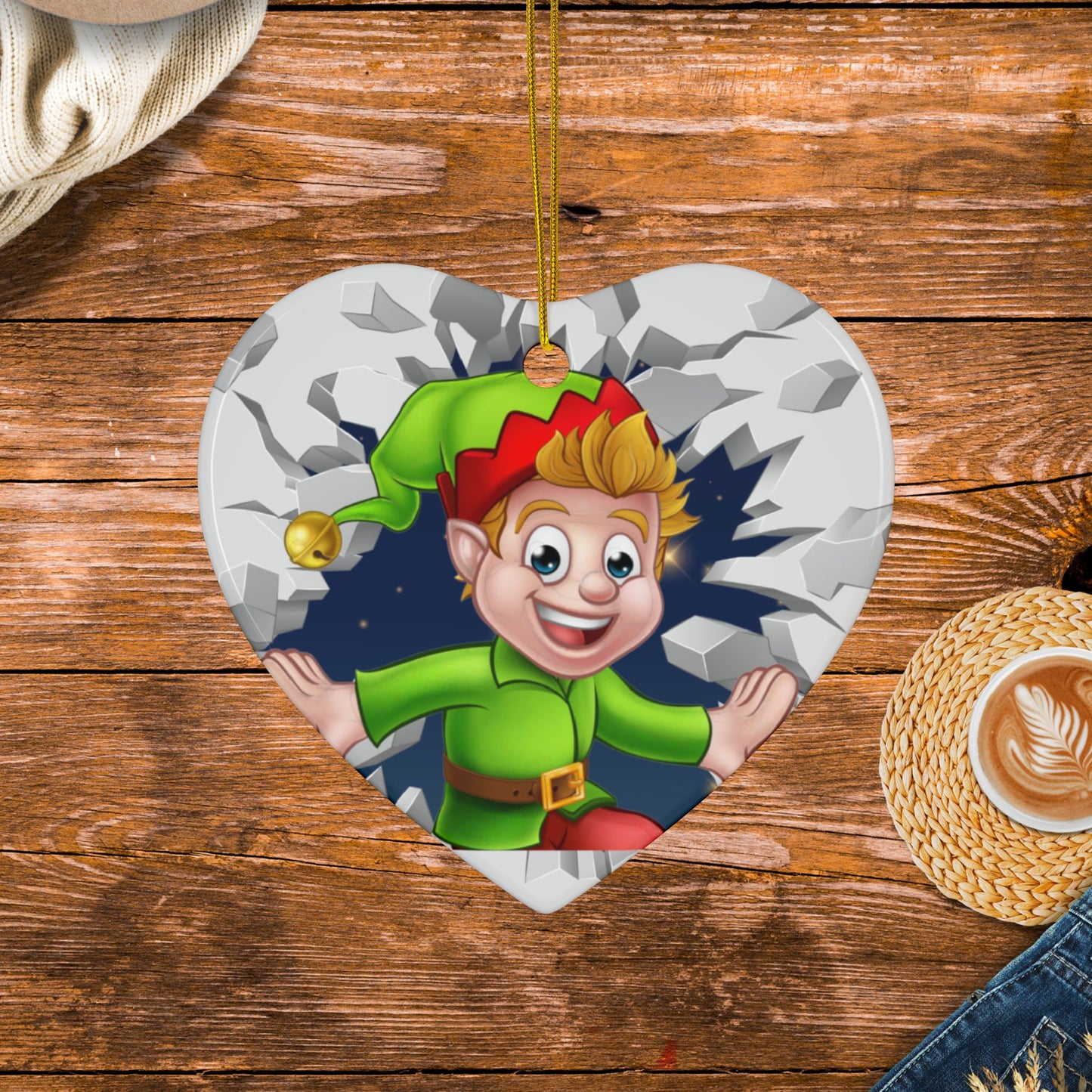 Cute Cartoon Elf Breaking Through Ice Ceramic Ornament, Ceramic Ornaments, 2-Side Print, (1pc, 3pcs, 5pcs, 10pcs)