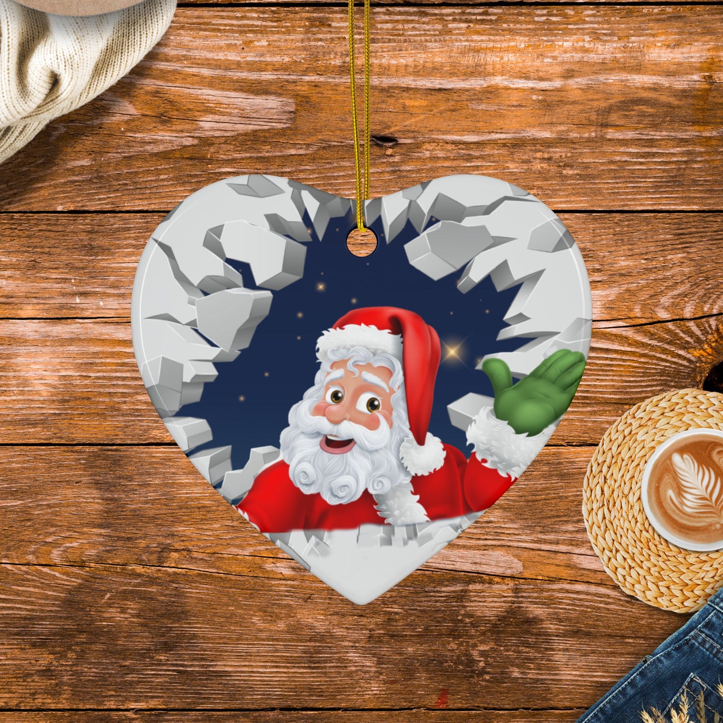 Cute Cartoon Santa Breaking Through Ice Ceramic Ornament, Ceramic Ornaments, 2-Side Print, (1pc, 3pcs, 5pcs, 10pcs)