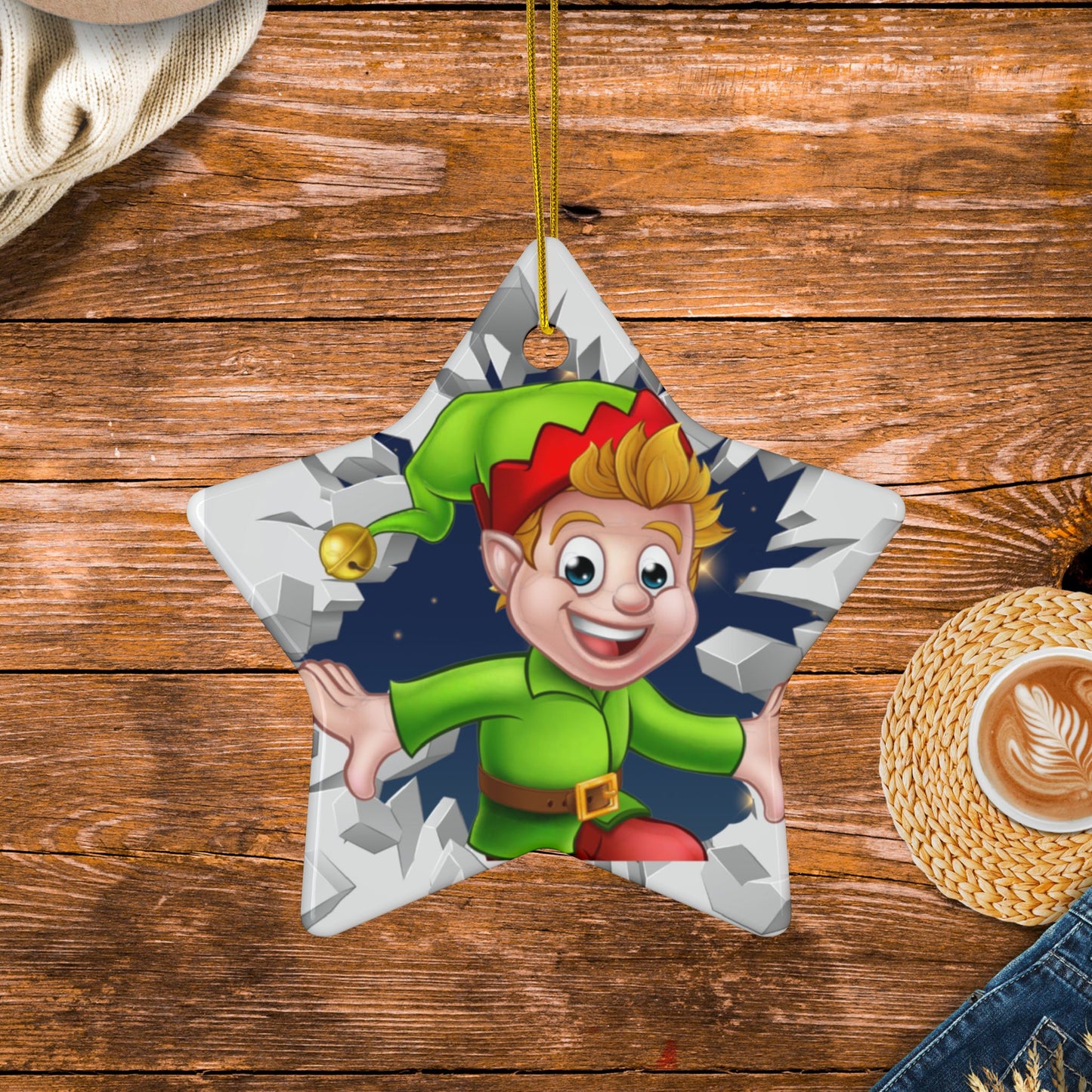 Cute Cartoon Elf Breaking Through Ice Ceramic Ornament, Ceramic Ornaments, 2-Side Print, (1pc, 3pcs, 5pcs, 10pcs)