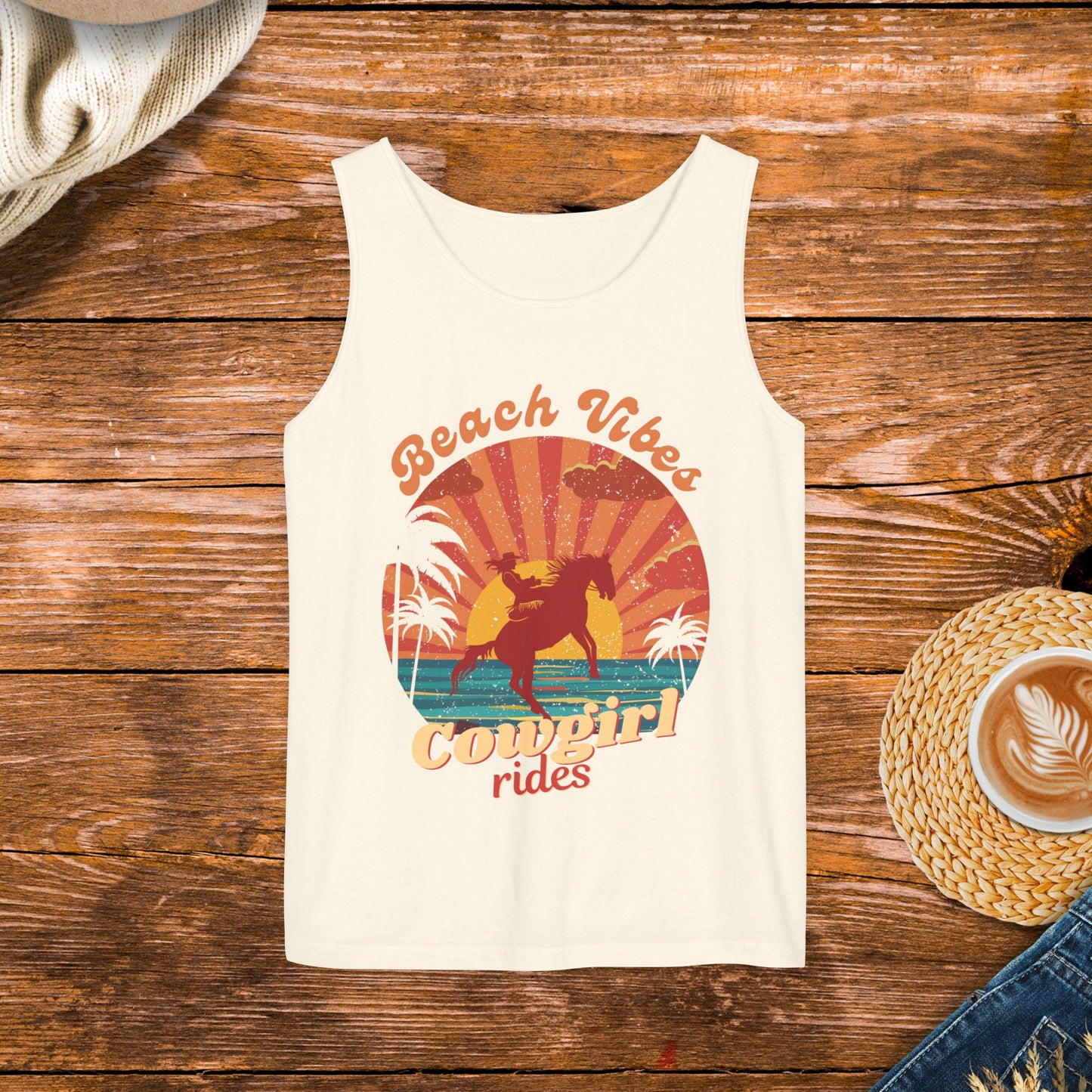 Sunset Beach Design Tank Top, Vintage style design, retro sunset, Beach Vibes and Cowgirl Rides.