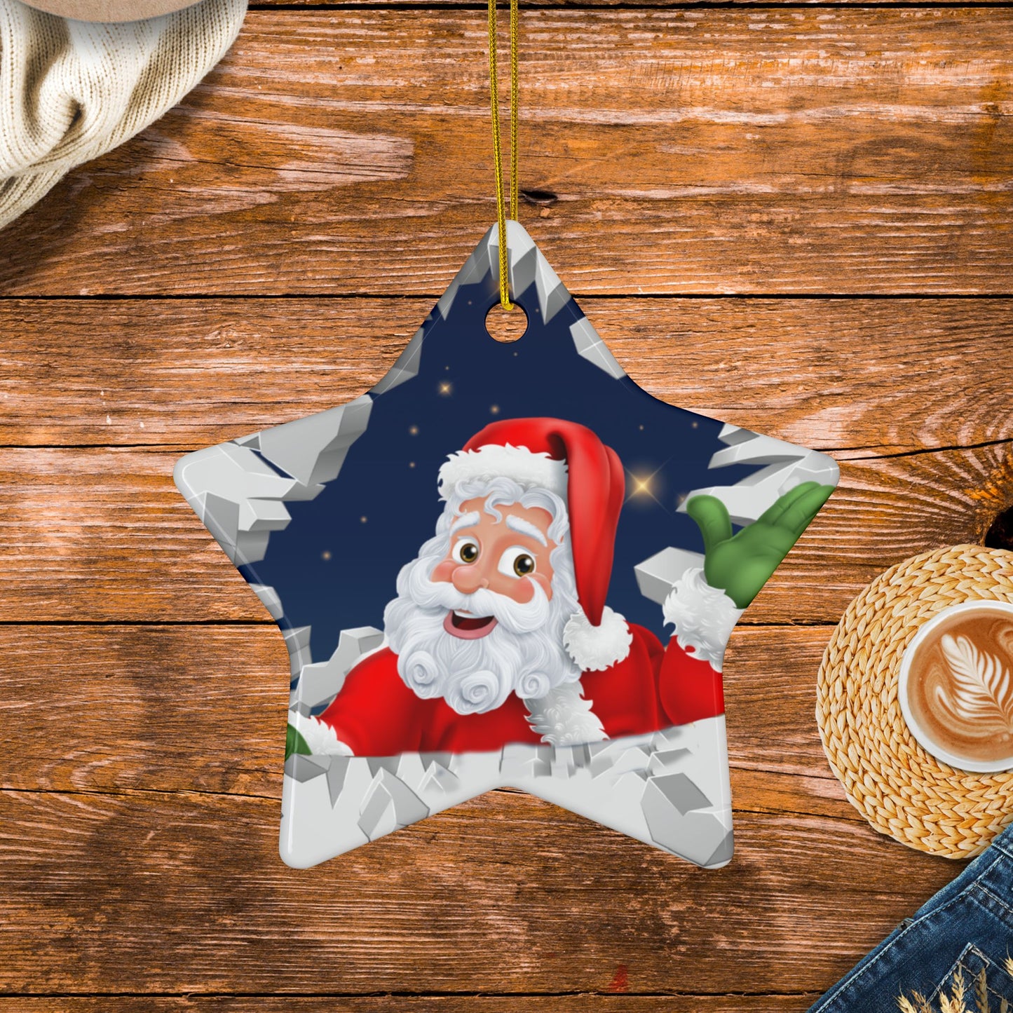 Cute Cartoon Santa Breaking Through Ice Ceramic Ornament, Ceramic Ornaments, 2-Side Print, (1pc, 3pcs, 5pcs, 10pcs)