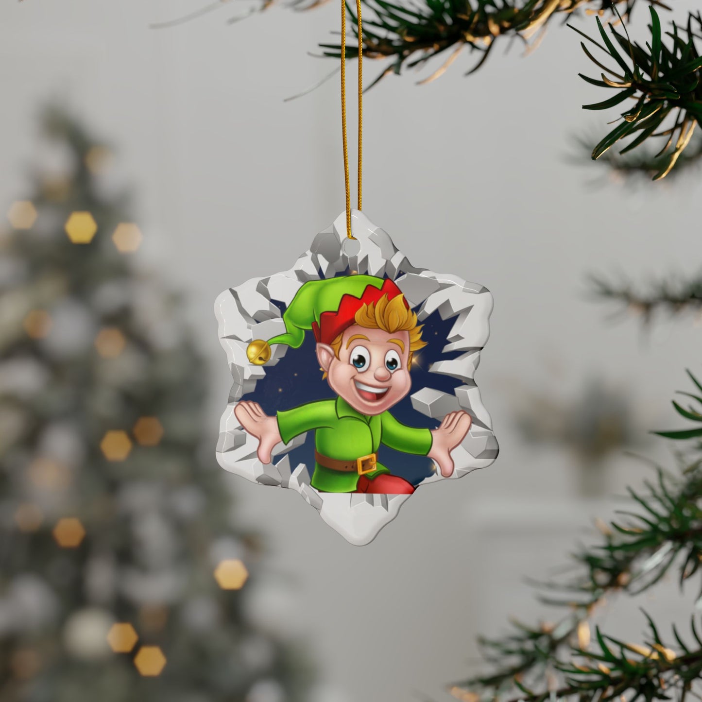 Cute Cartoon Elf Breaking Through Ice Ceramic Ornament, Ceramic Ornaments, 2-Side Print, (1pc, 3pcs, 5pcs, 10pcs)