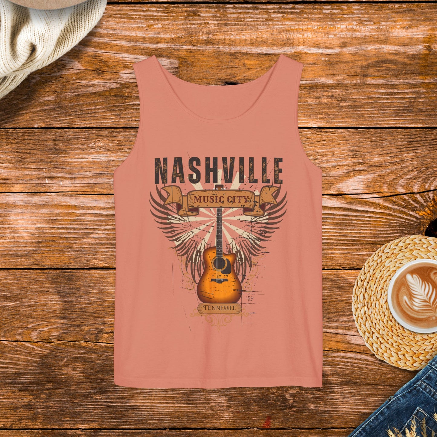 Distressed Guitar Wings Graphic, Vintage style Country Music Tank Top, Nashville Tennessee music city tank top.