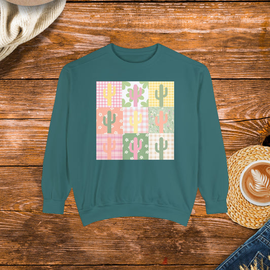 Cottage Core Plaid and Flowered Cactus Sweatshirt, multi colored, country style sweatshirt.