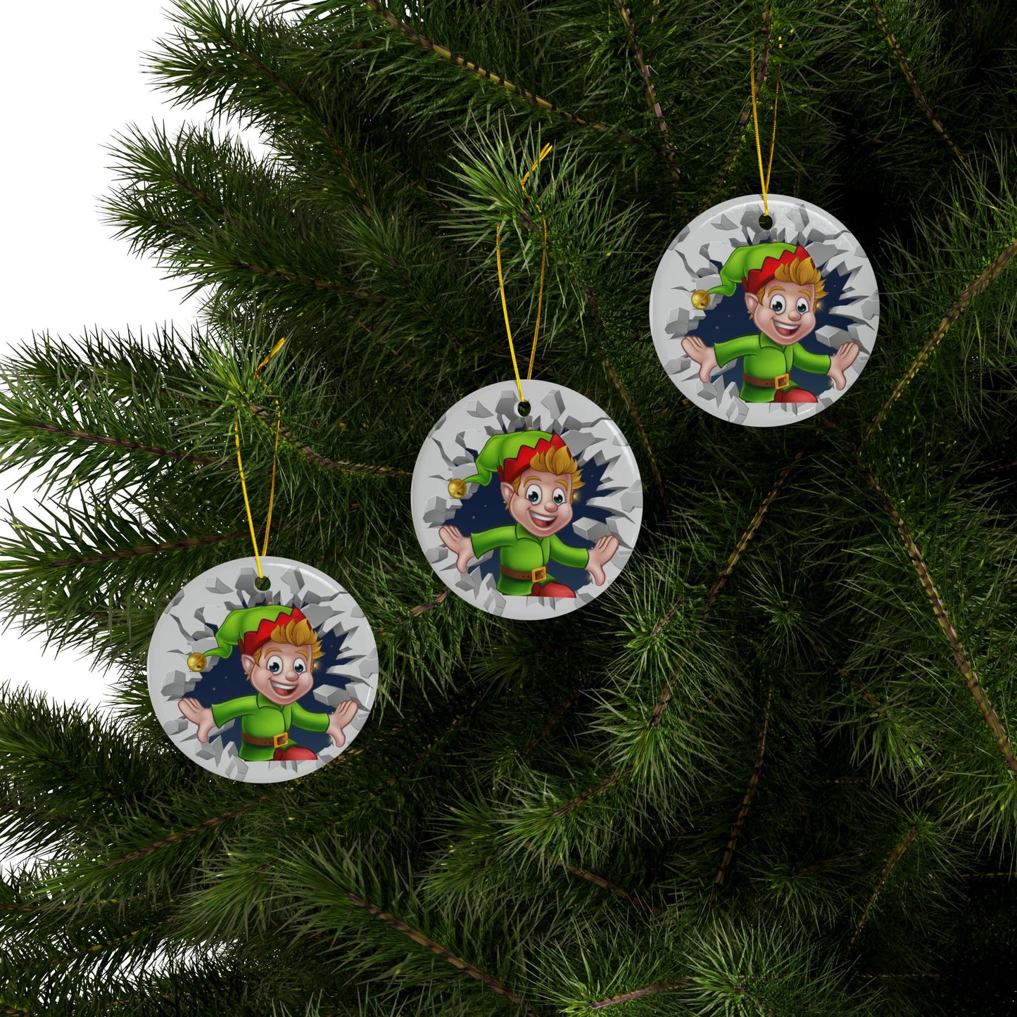 Cute Cartoon Elf Breaking Through Ice Ceramic Ornament, Ceramic Ornaments, 2-Side Print, (1pc, 3pcs, 5pcs, 10pcs)