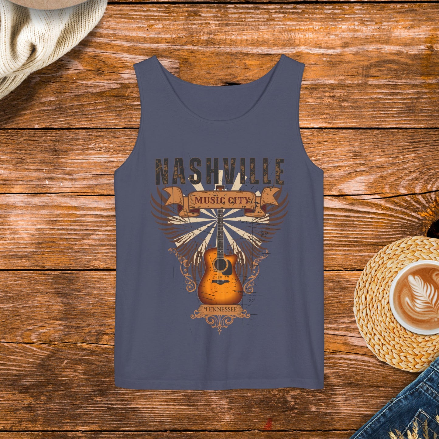 Distressed Guitar Wings Graphic, Vintage style Country Music Tank Top, Nashville Tennessee music city tank top.