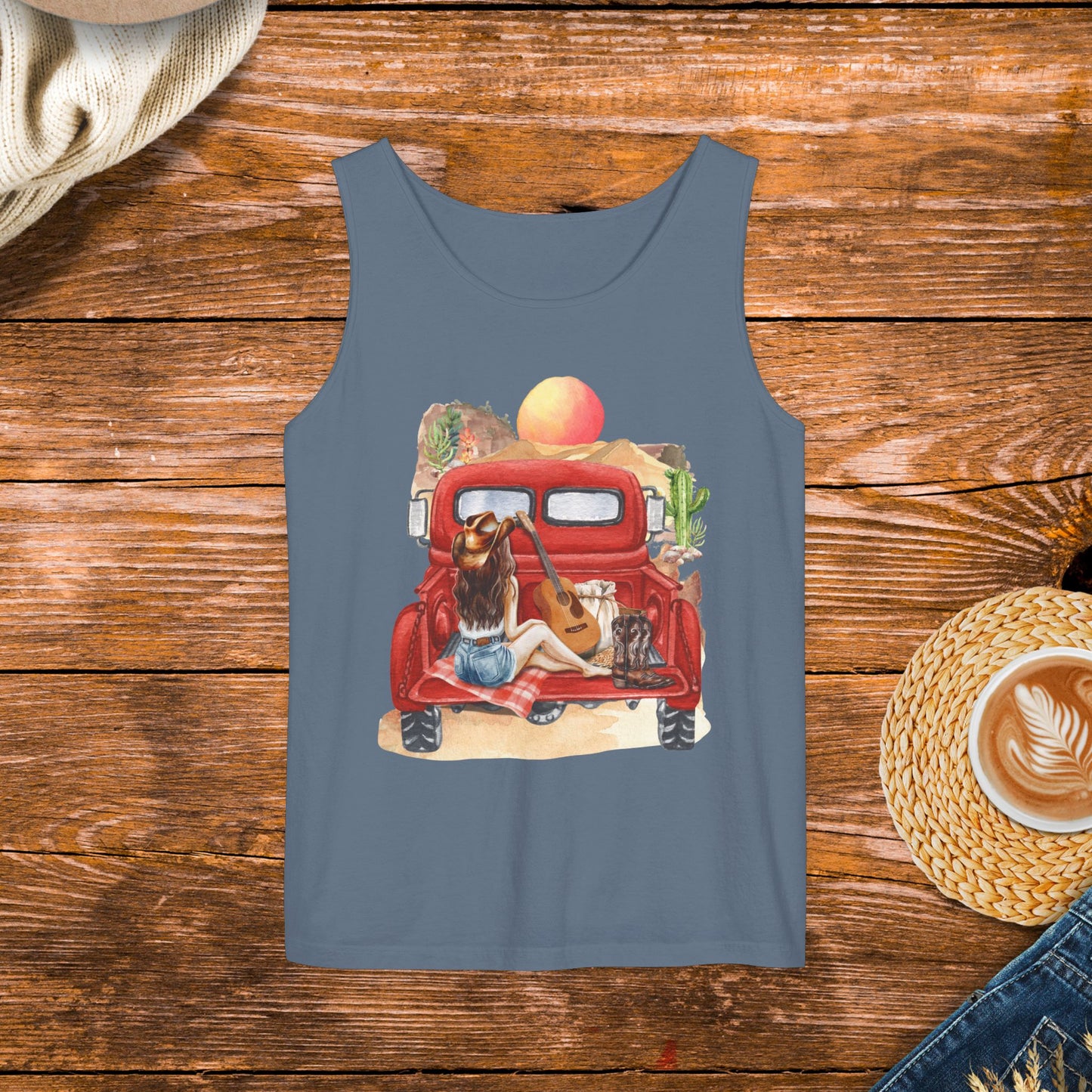 Desert Sunset Truck Girl Tank Top, Country girl, watercolor country, old school country.