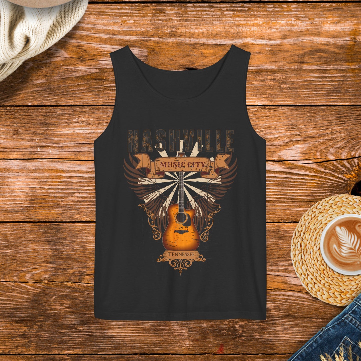 Distressed Guitar Wings Graphic, Vintage style Country Music Tank Top, Nashville Tennessee music city tank top.