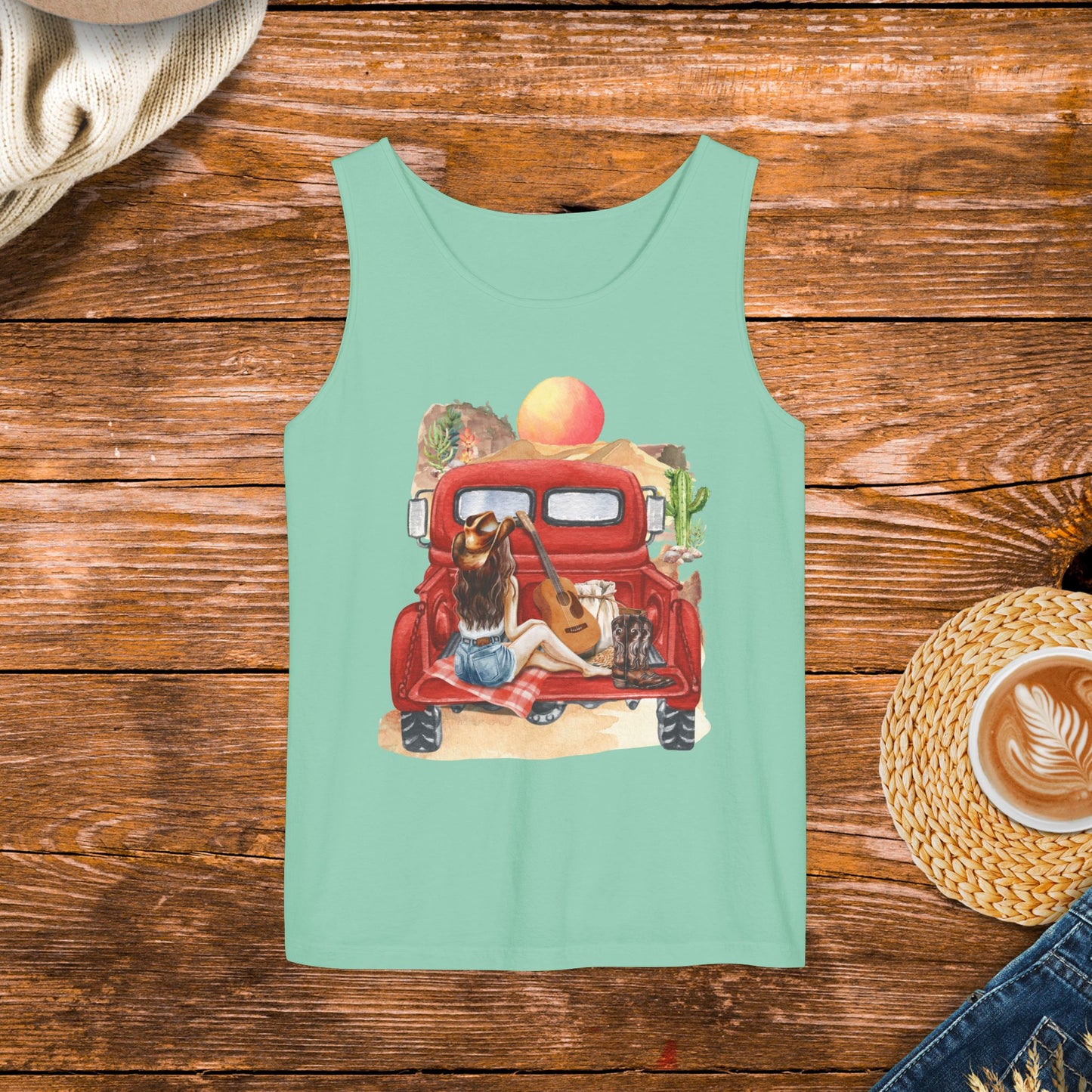 Desert Sunset Truck Girl Tank Top, Country girl, watercolor country, old school country.