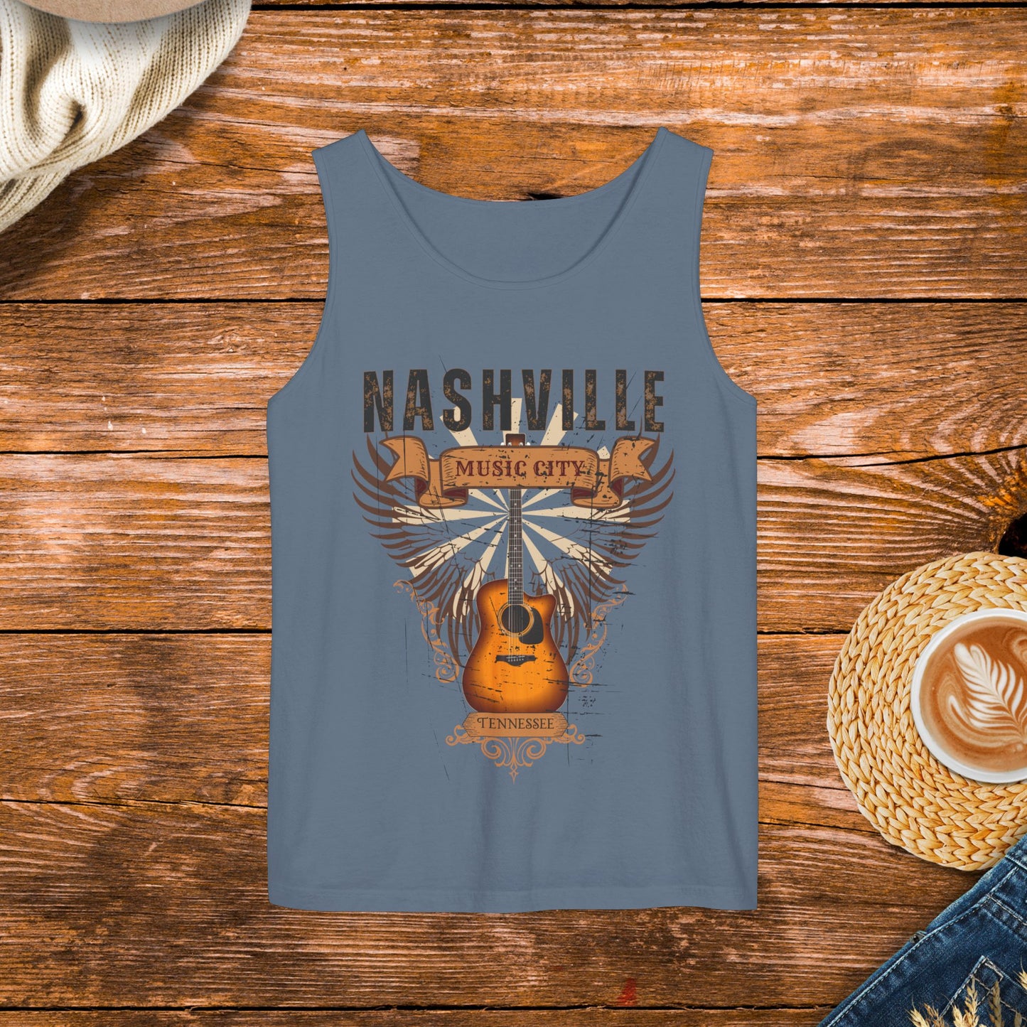 Distressed Guitar Wings Graphic, Vintage style Country Music Tank Top, Nashville Tennessee music city tank top.