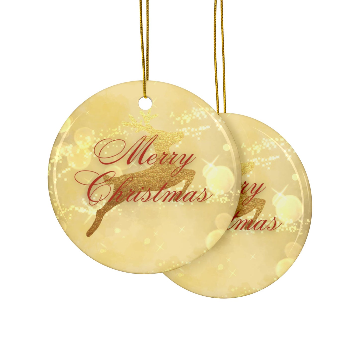 Elegant Gold Sparkle Merry Christmas Deer Round Ornament, Ceramic Ornaments, 2-Side Print,