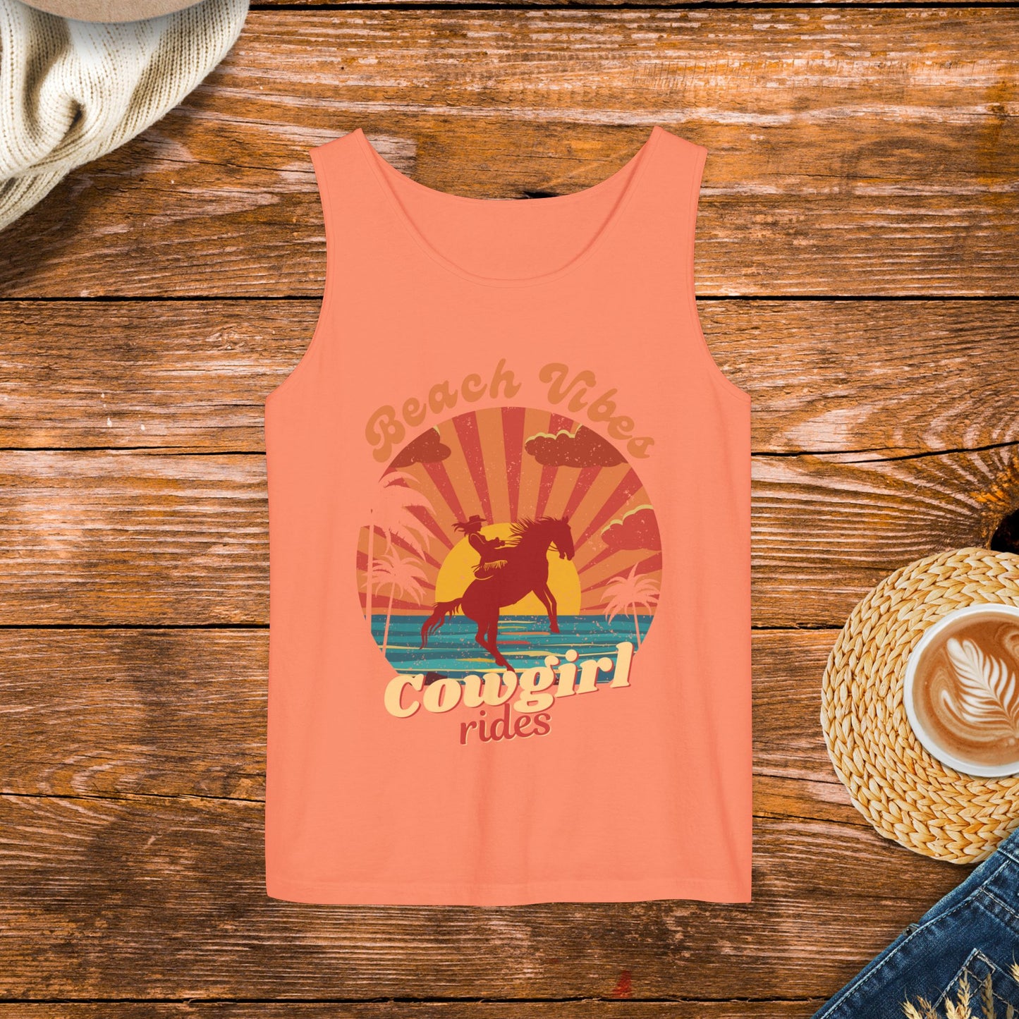 Sunset Beach Design Tank Top, Vintage style design, retro sunset, Beach Vibes and Cowgirl Rides.