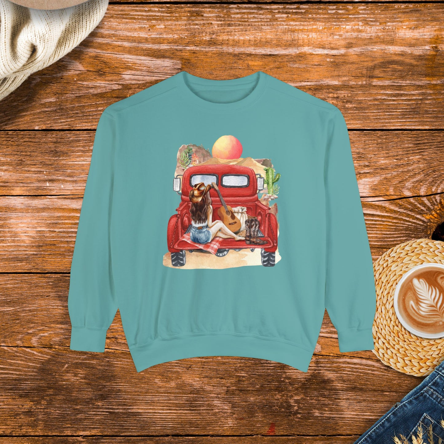 Desert Sunset Truck Girl Sweatshirt, watercolor design, country girl, old school country.