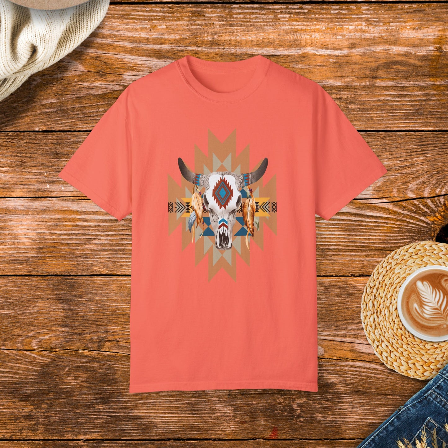 Native American style shirt, cow skull design, native patterns, rustic fashion, cultural apparel