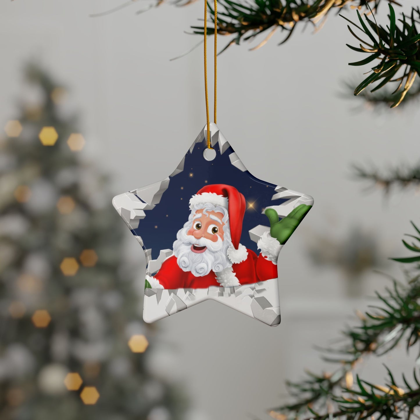 Cute Cartoon Santa Breaking Through Ice Ceramic Ornament, Ceramic Ornaments, 2-Side Print, (1pc, 3pcs, 5pcs, 10pcs)