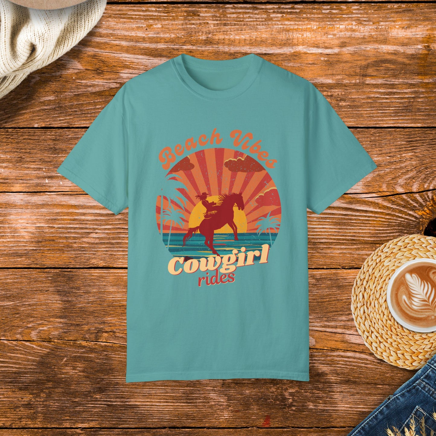 Vintage style beach and country life design. Retro sunset with cowgirl riding horse, beach vibes and cowgirl rides.