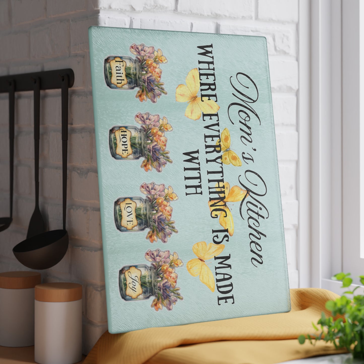Mom’s Kitchen – Made with Faith, Hope, Love & Joy | 8x11 Glass Cutting Board with Flowers & Butterflies | Mother’s Day Gift