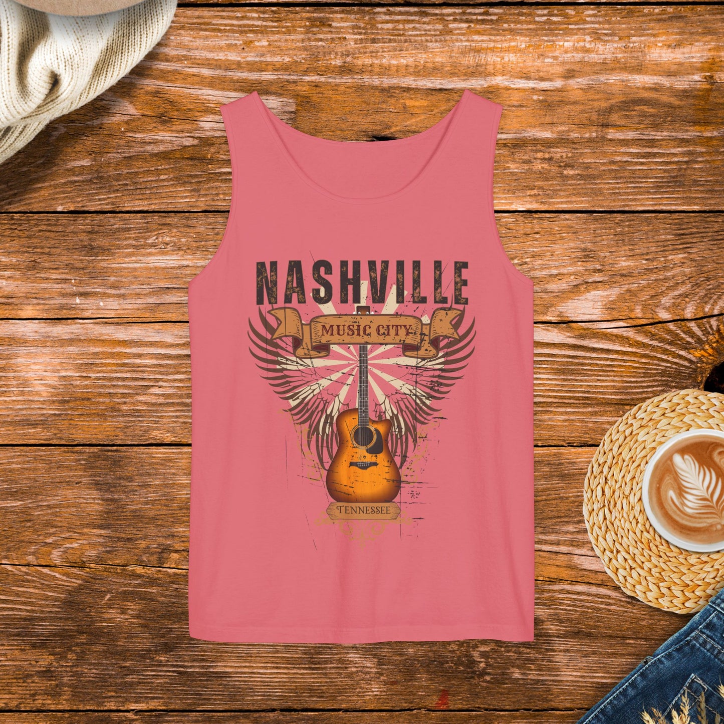 Distressed Guitar Wings Graphic, Vintage style Country Music Tank Top, Nashville Tennessee music city tank top.