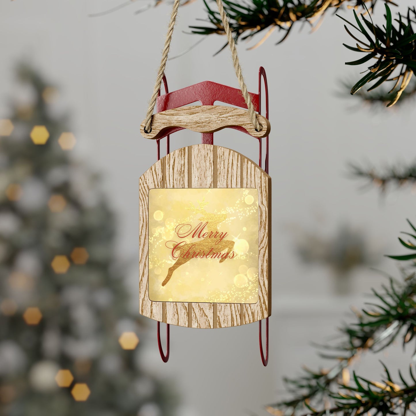 Elegant Gold Sparkle Merry Christmas Deer Sled Ornament