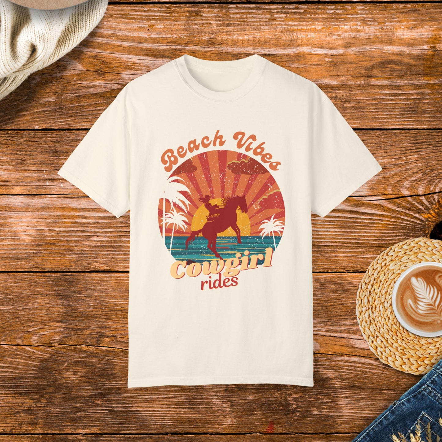 Vintage style beach and country life design. Retro sunset with cowgirl riding horse, beach vibes and cowgirl rides.