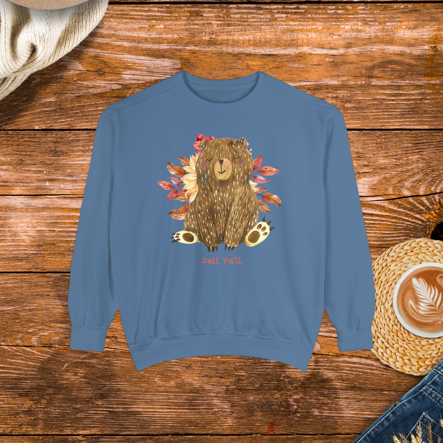 Cozy vibes with this cute bear and fall ya'll, Unisex Garment-Dyed Sweatshirt