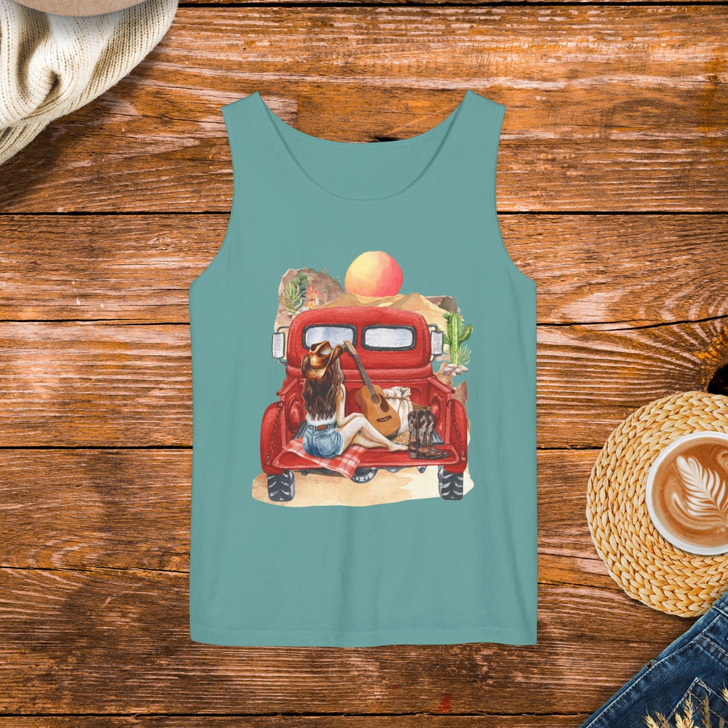 Desert Sunset Truck Girl Tank Top, Country girl, watercolor country, old school country.