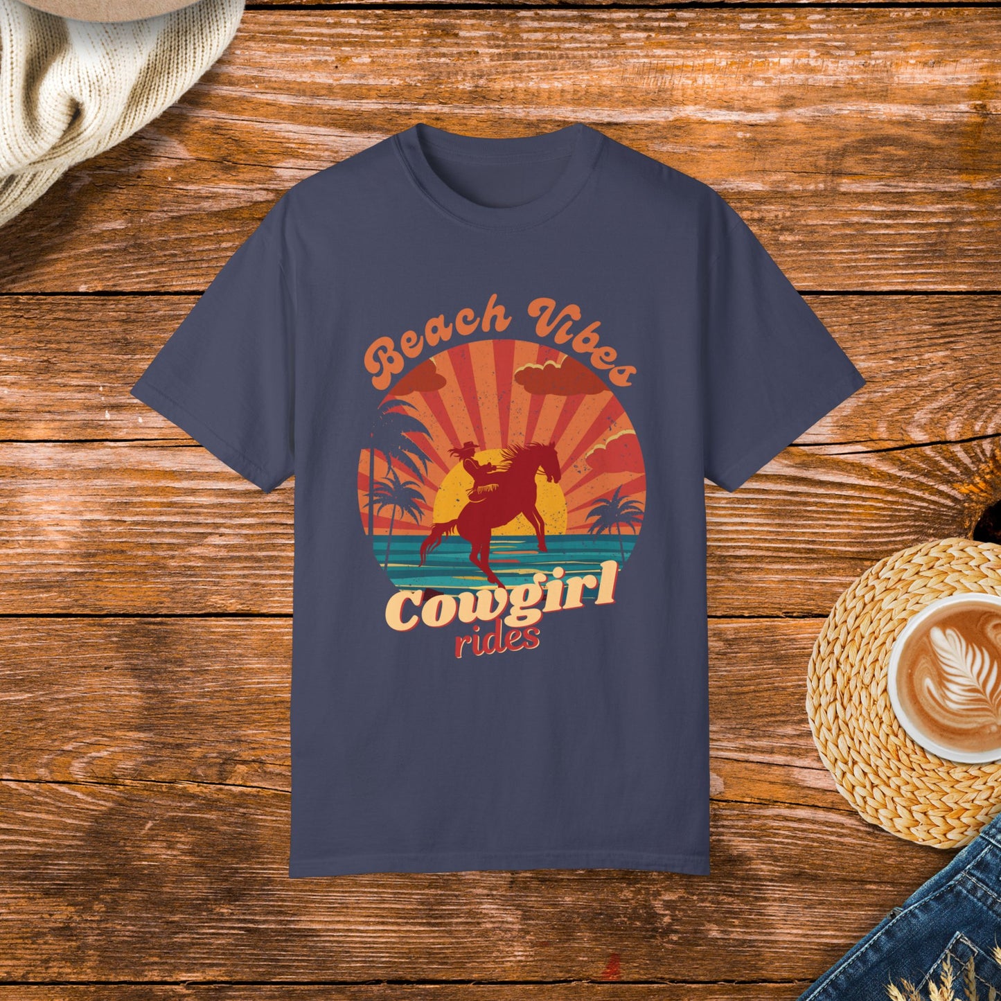 Vintage style beach and country life design. Retro sunset with cowgirl riding horse, beach vibes and cowgirl rides.