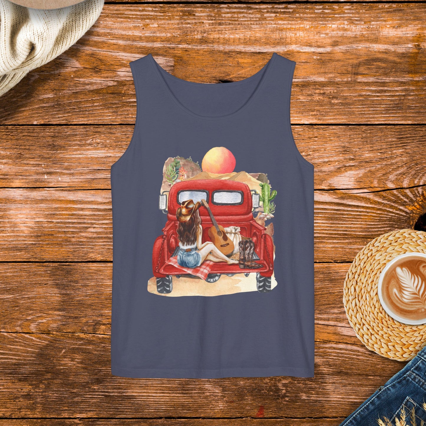 Desert Sunset Truck Girl Tank Top, Country girl, watercolor country, old school country.