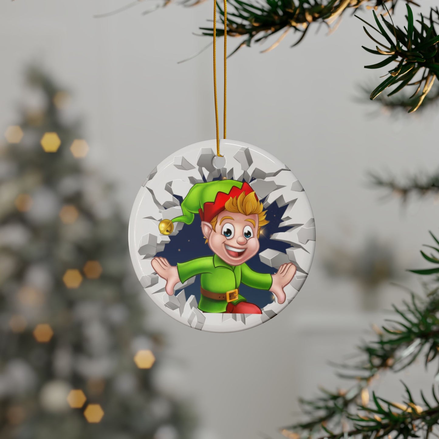 Cute Cartoon Elf Breaking Through Ice Ceramic Ornament, Ceramic Ornaments, 2-Side Print, (1pc, 3pcs, 5pcs, 10pcs)