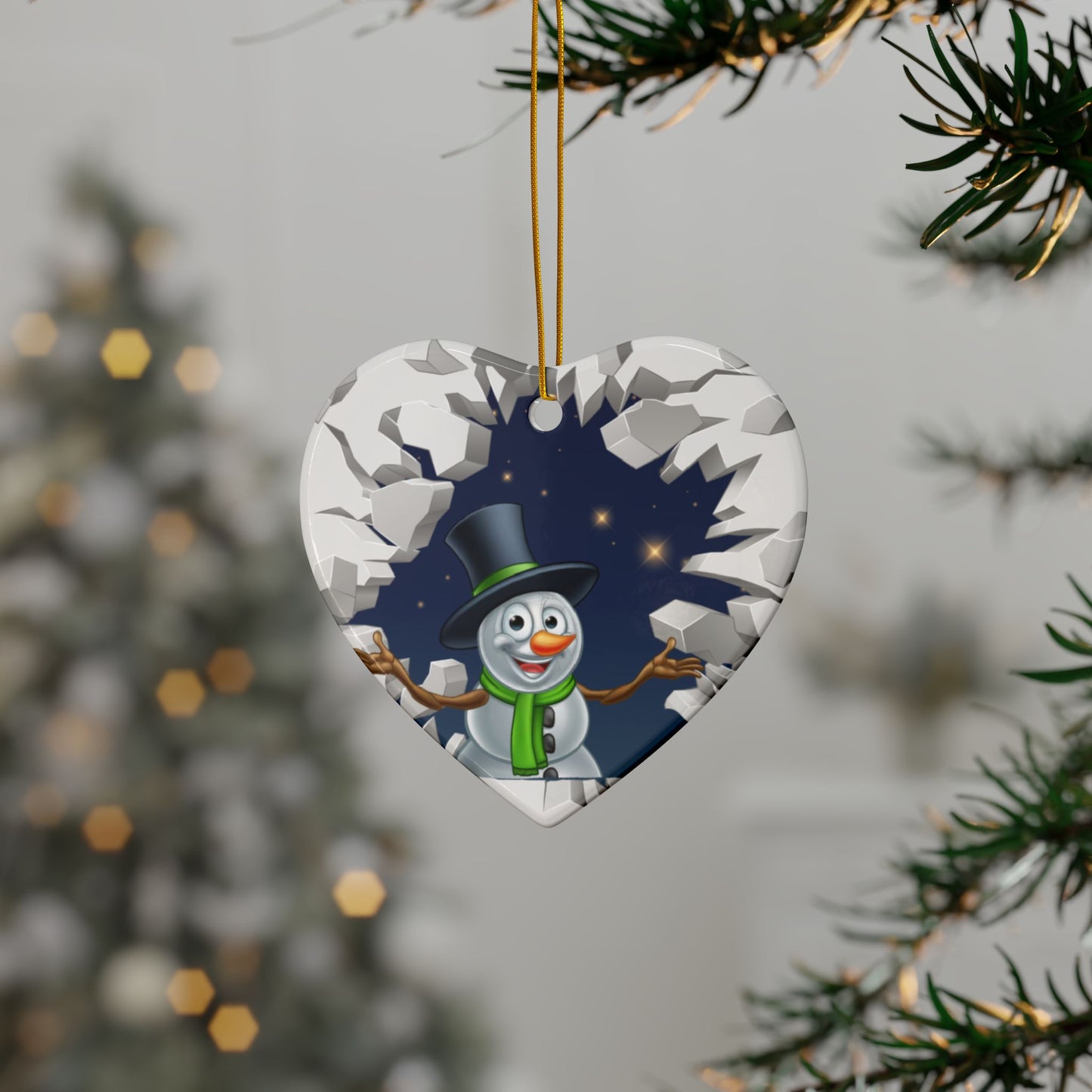 Cute Cartoon Snowman Breaking Through Ice Ceramic Ornament, Ceramic Ornaments, 2-Side Print, (1pc, 3pcs, 5pcs, 10pcs)