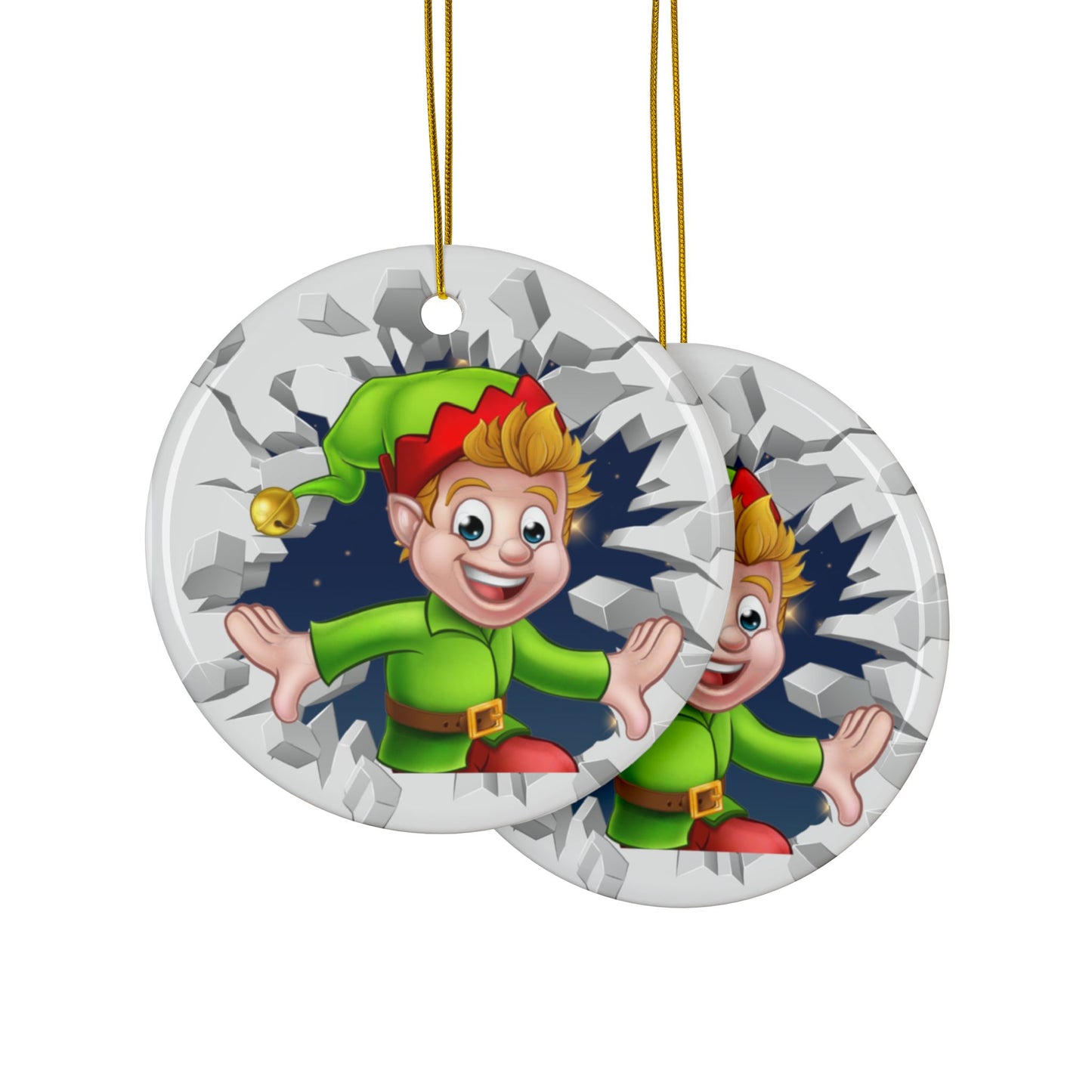 Cute Cartoon Elf Breaking Through Ice Ceramic Ornament, Ceramic Ornaments, 2-Side Print, (1pc, 3pcs, 5pcs, 10pcs)