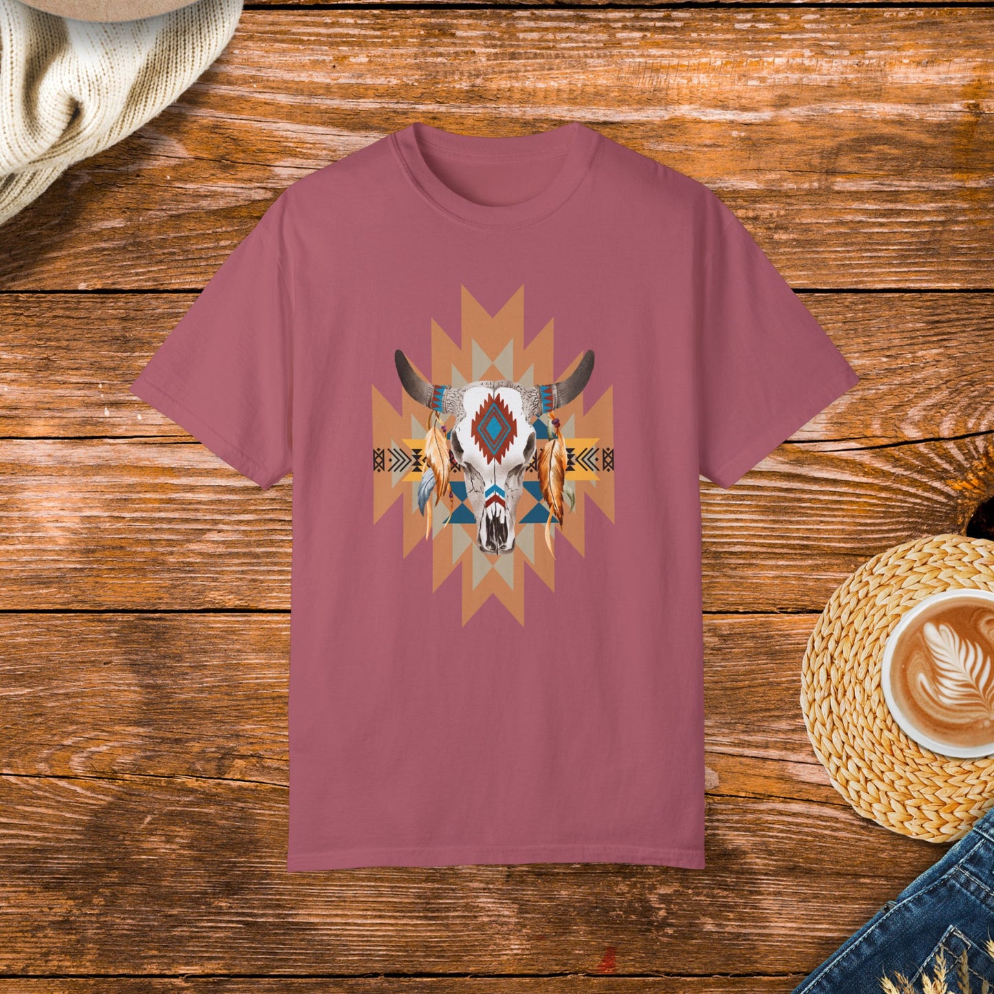 Native American style shirt, cow skull design, native patterns, rustic fashion, cultural apparel