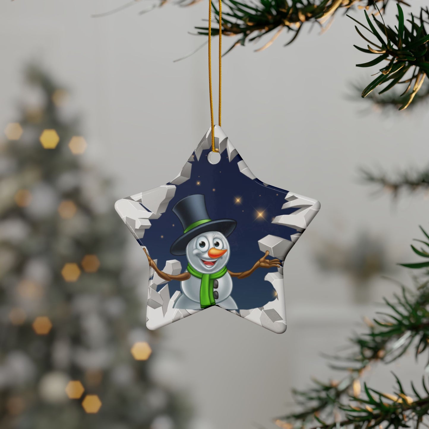 Cute Cartoon Snowman Breaking Through Ice Ceramic Ornament, Ceramic Ornaments, 2-Side Print, (1pc, 3pcs, 5pcs, 10pcs)