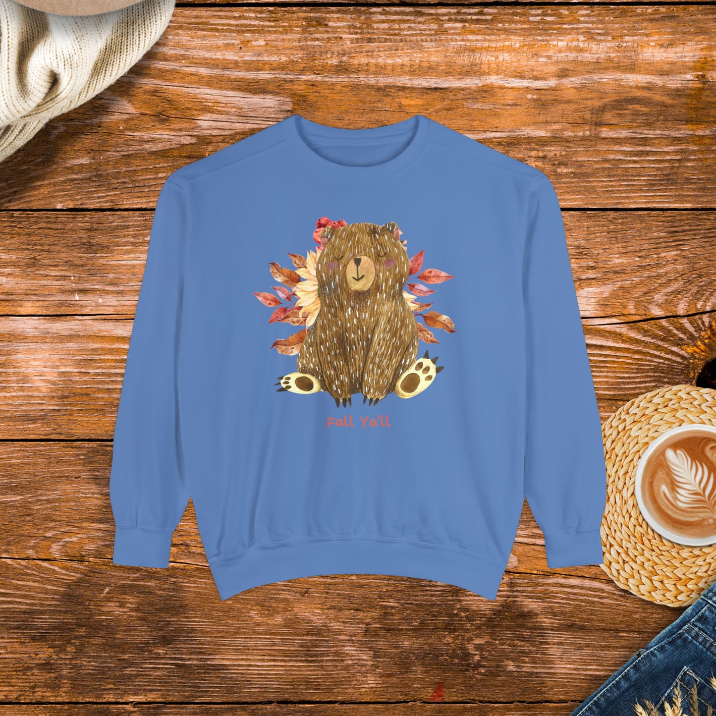 Cozy vibes with this cute bear and fall ya'll, Unisex Garment-Dyed Sweatshirt