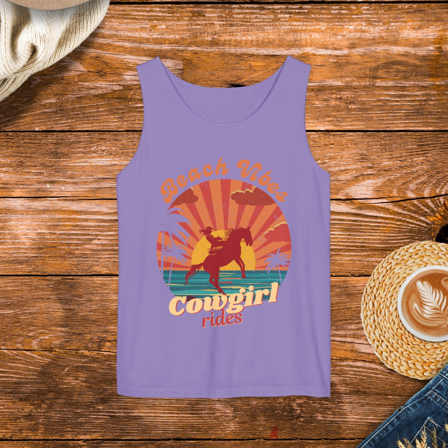 Sunset Beach Design Tank Top, Vintage style design, retro sunset, Beach Vibes and Cowgirl Rides.