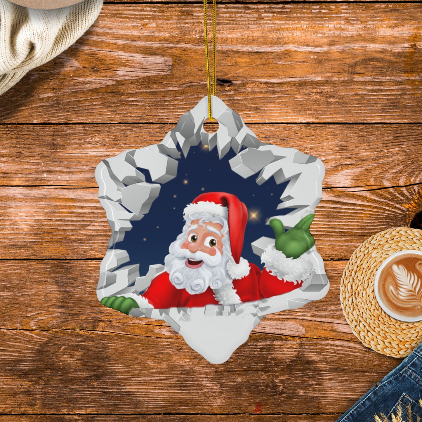 Cute Cartoon Santa Breaking Through Ice Ceramic Ornament, Ceramic Ornaments, 2-Side Print, (1pc, 3pcs, 5pcs, 10pcs)