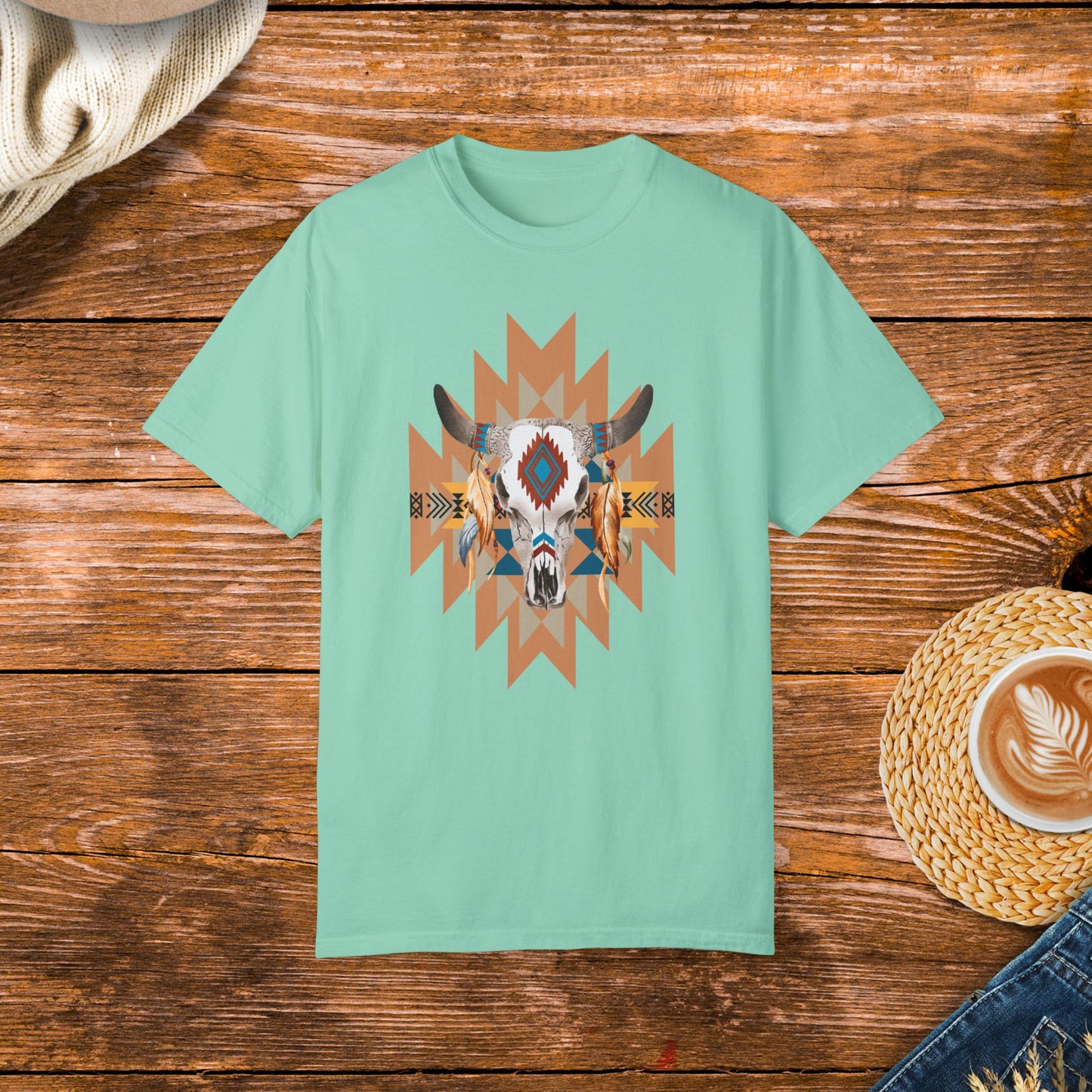 Native American style shirt, cow skull design, native patterns, rustic fashion, cultural apparel