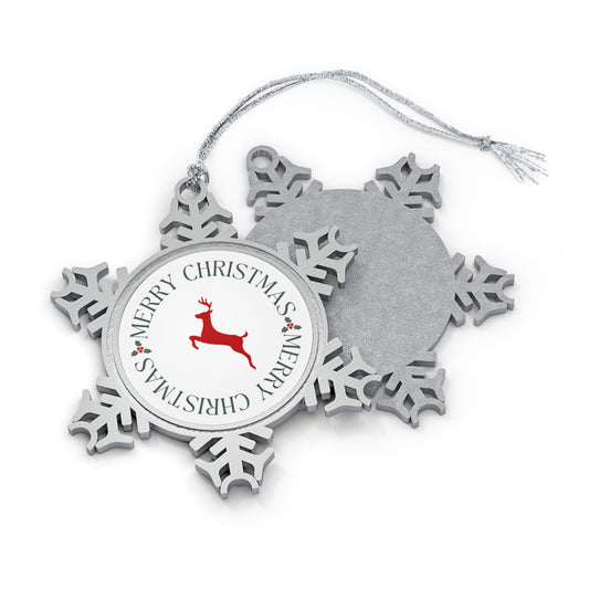 Elegant Snowflake Ornament with Deer and Merry Christmas Design, Pewter Snowflake Ornament