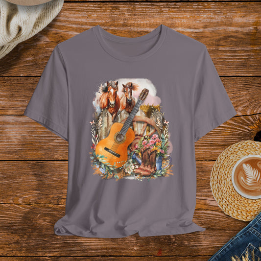 Country Scene Watercolor Shirt, wildflowers wild horses, country music shirt, nature lovers.