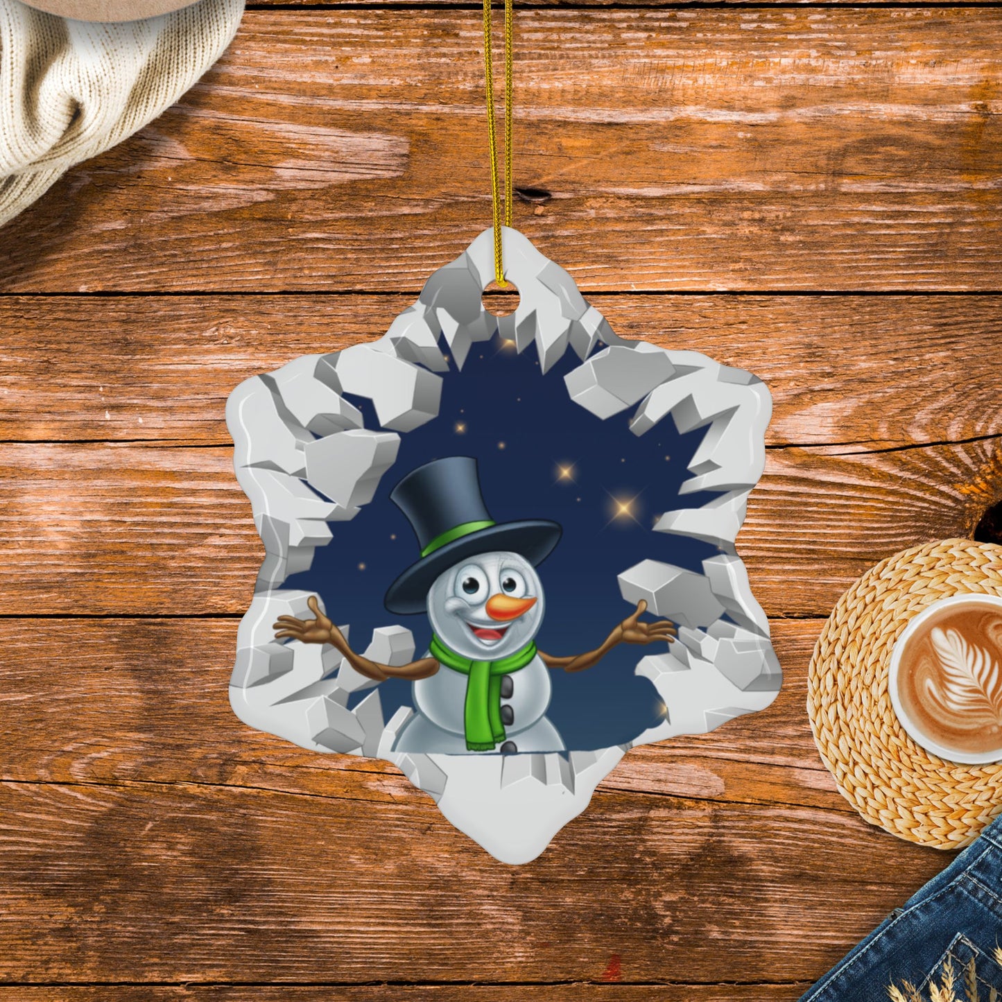 Cute Cartoon Snowman Breaking Through Ice Ceramic Ornament, Ceramic Ornaments, 2-Side Print, (1pc, 3pcs, 5pcs, 10pcs)