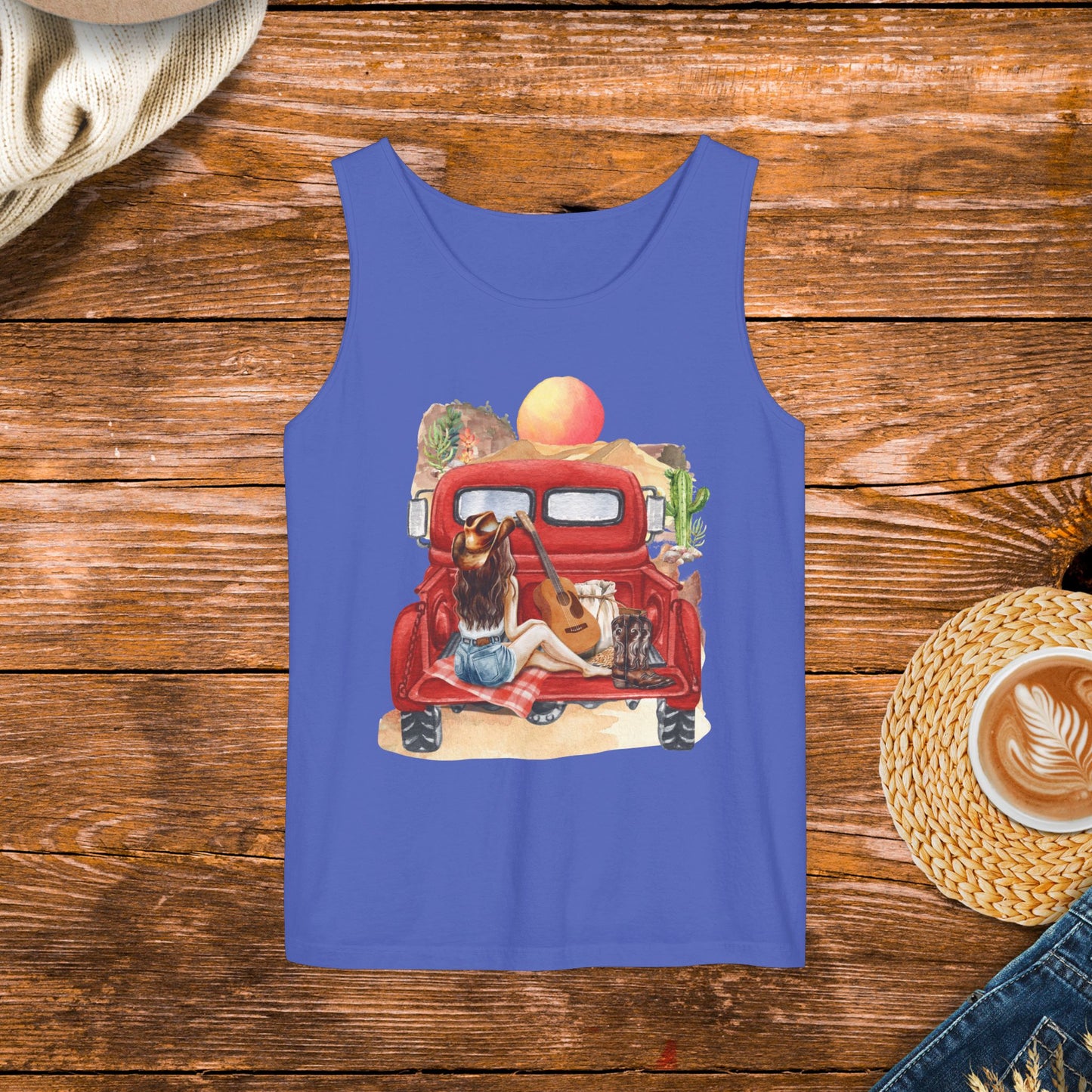 Desert Sunset Truck Girl Tank Top, Country girl, watercolor country, old school country.