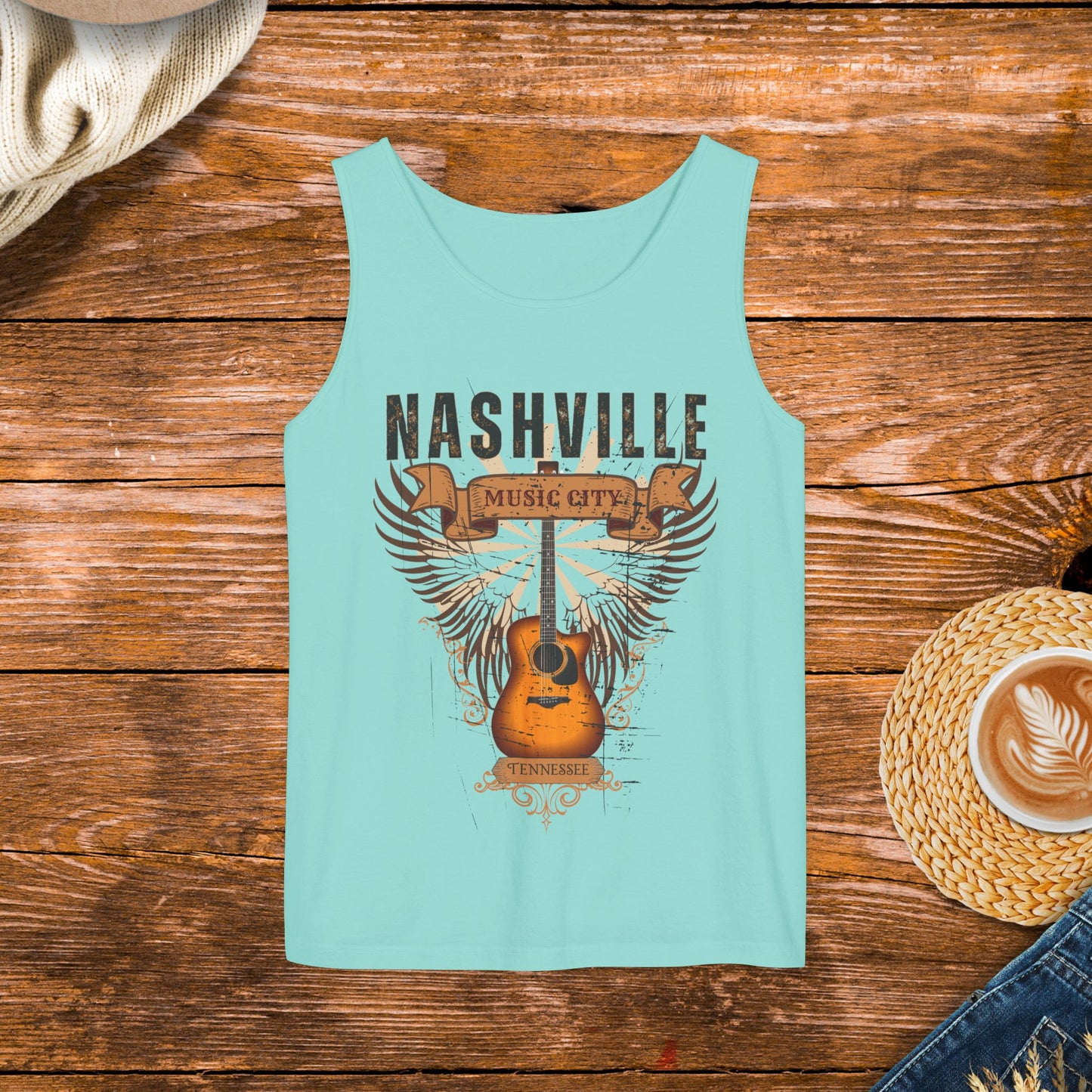 Distressed Guitar Wings Graphic, Vintage style Country Music Tank Top, Nashville Tennessee music city tank top.