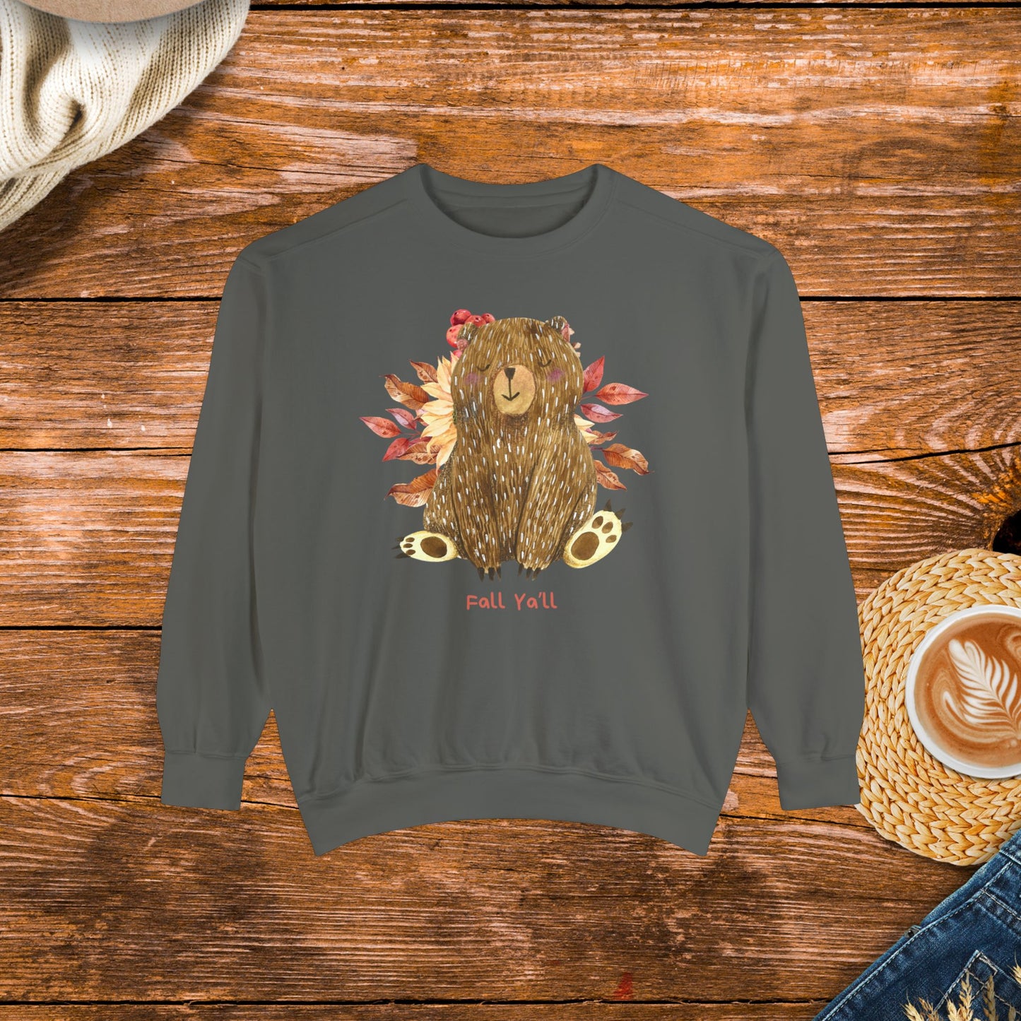 Cozy vibes with this cute bear and fall ya'll, Unisex Garment-Dyed Sweatshirt