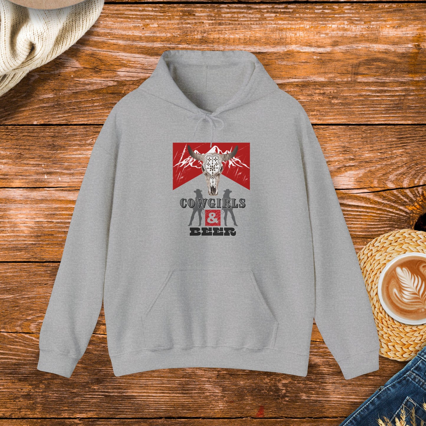 Cowgirls and beer Sweatshirt, this distressed country design has a bull skull and cowgirls on it, gift for him, country music, Tennessee, country life