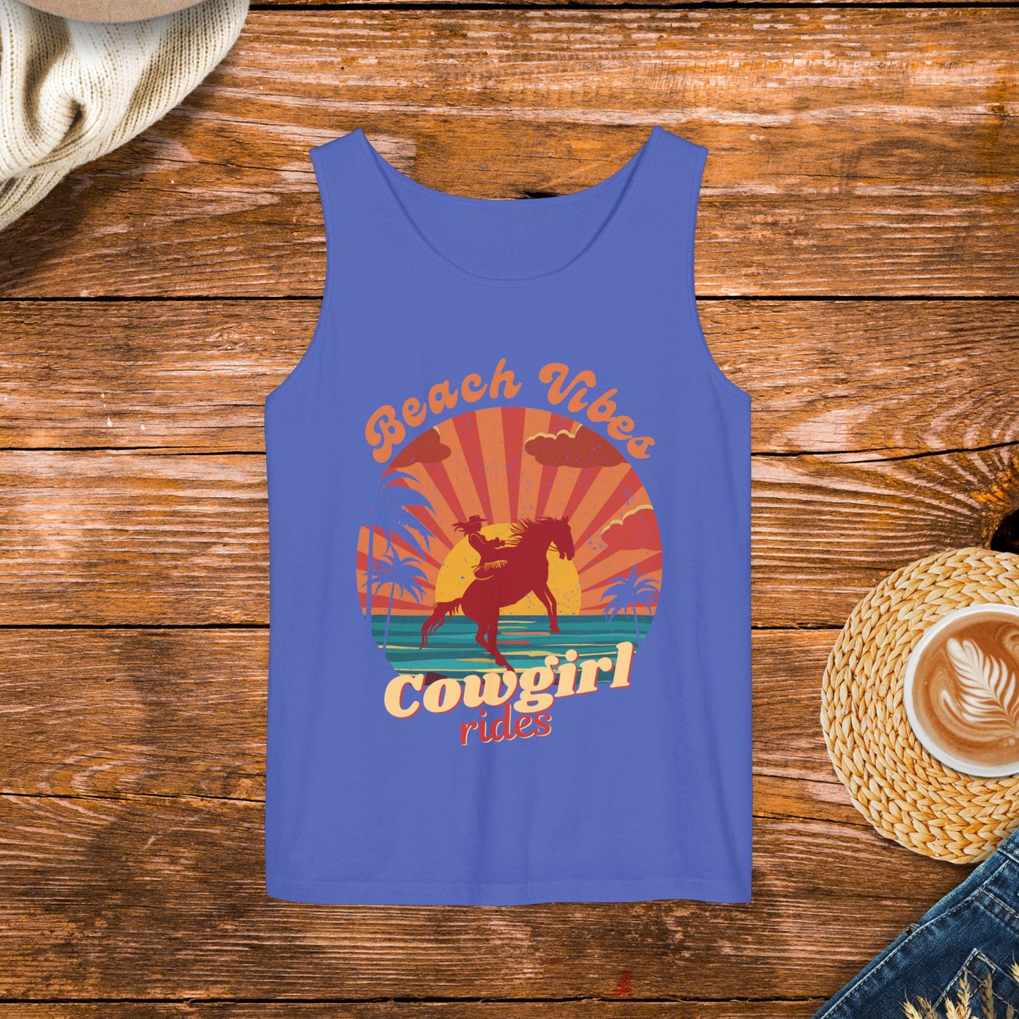 Sunset Beach Design Tank Top, Vintage style design, retro sunset, Beach Vibes and Cowgirl Rides.