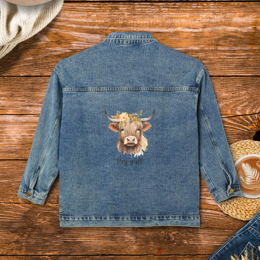 Hey Y'all Denim Jacket with Cute Cow Design