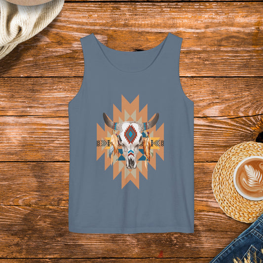 Native American Western Style Tank Top, Unisex Garment-Dyed Tank Top, Bull Skull Tank Top.