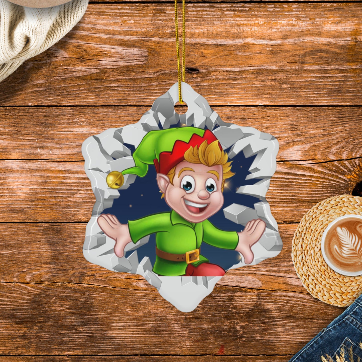 Cute Cartoon Elf Breaking Through Ice Ceramic Ornament, Ceramic Ornaments, 2-Side Print, (1pc, 3pcs, 5pcs, 10pcs)