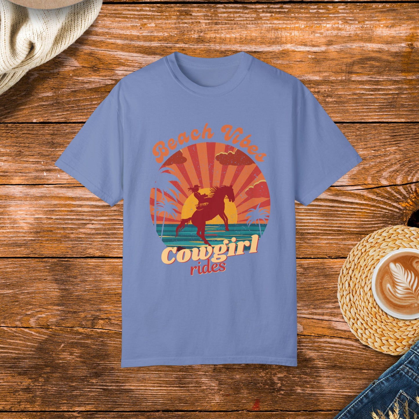 Vintage style beach and country life design. Retro sunset with cowgirl riding horse, beach vibes and cowgirl rides.